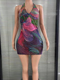 Vibrant Multicolor Sparkling Beaded Halter Mermaid Gown Deep V-Neck Bodycon Sexy Performance Costume Nightclub Red Carpet Gown