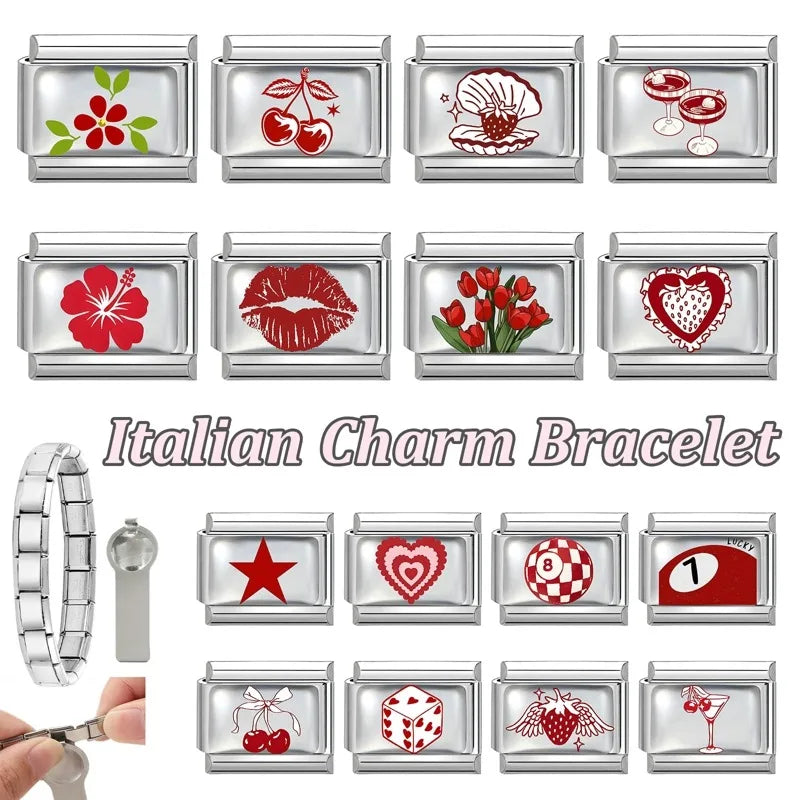 Fashion Red Series Heart Flower Bowknot Cherry Women Men Charm Link fit 9mm Stainless Steel Italian Bracelet Making DIY Jewelry
