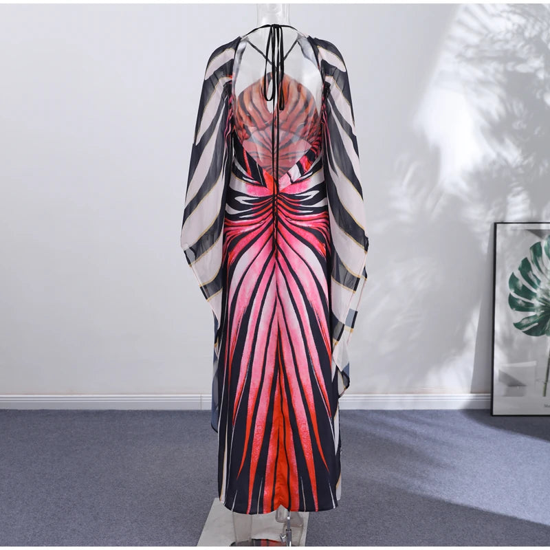 Sexy Printed Women's Dress Wide Sleeve Backless Waist-Closed Hip Package Lady Long Dresses 2026 Summer Autumn Chic Female Robe