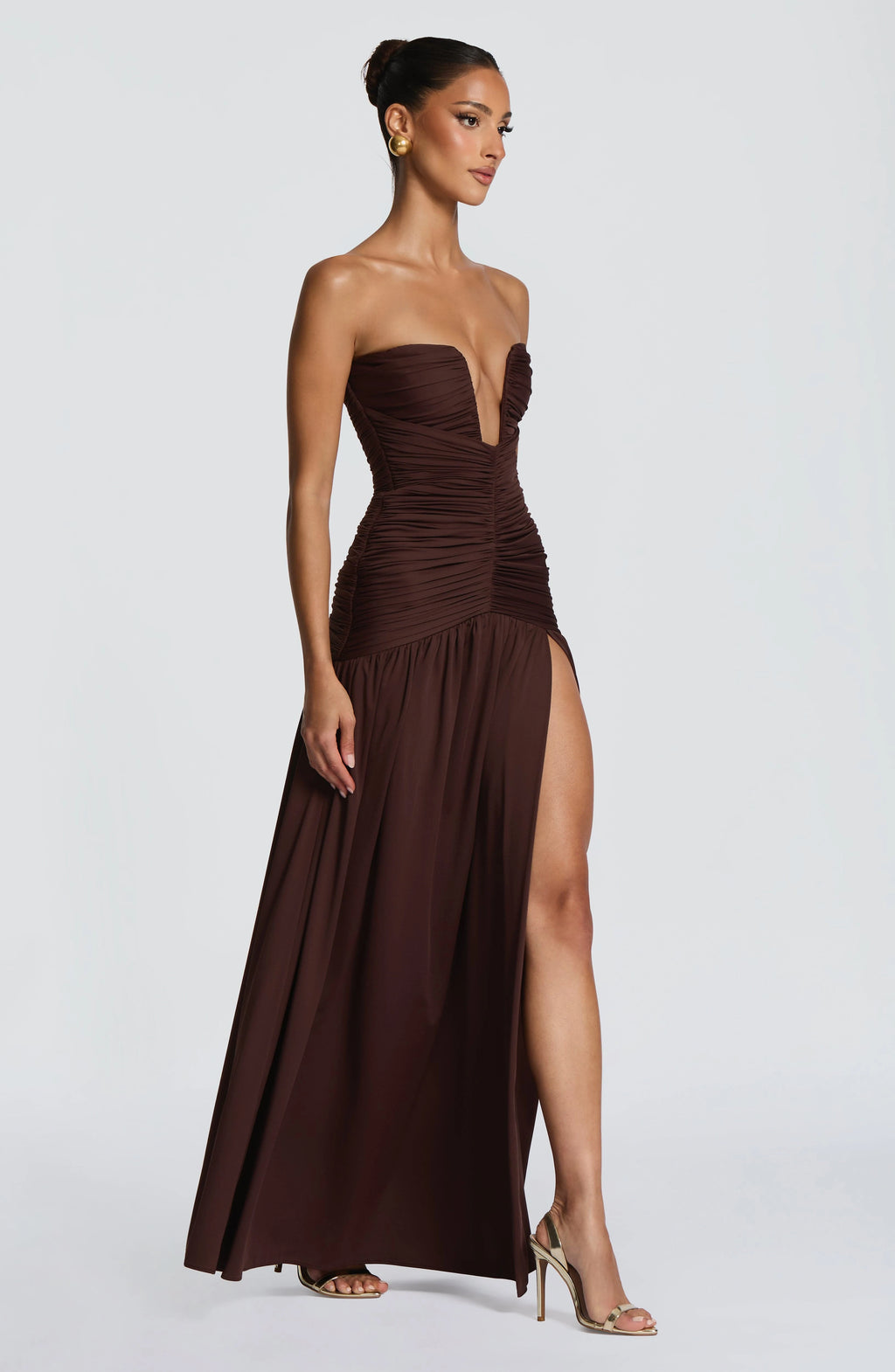 Strapless Deep V Ruched Maxi Dress High Split Formal Evening Gown Women Wedding Guest Party Long Dresses