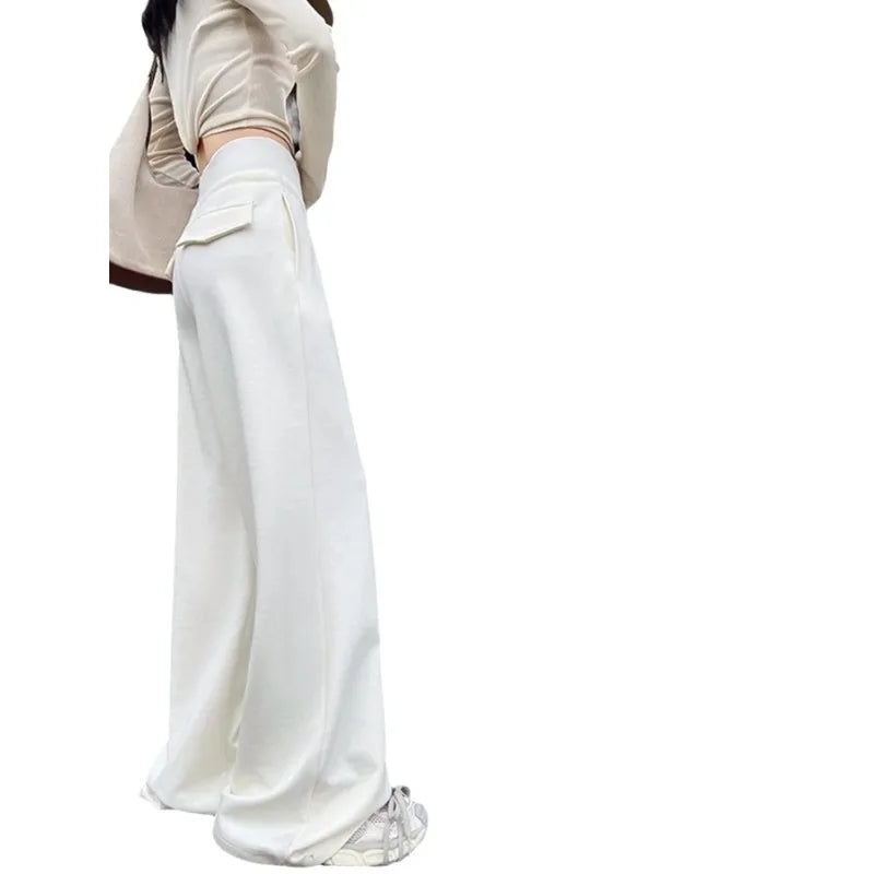 Women High Waist Drawstring Wide Leg Sweatpants Casual Loose Solid Color Straight Trousers Soft Sports Jogger Pants Streetwear