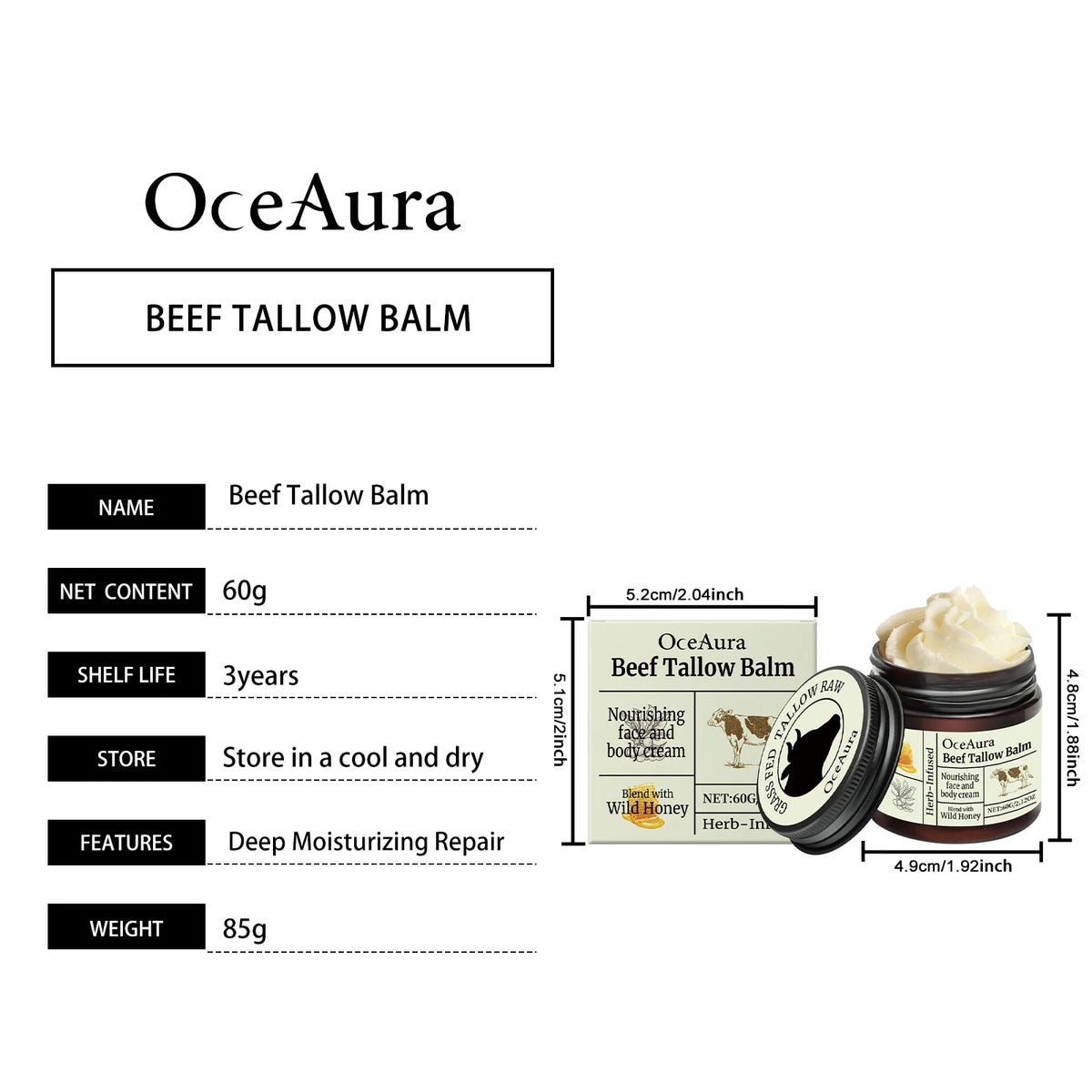 OceAura Beef Tallow Balm Deep Moisturizing Nourishing Brightening Skin Long-Lasting Fragrance Refreshing Care Face Body Lotion