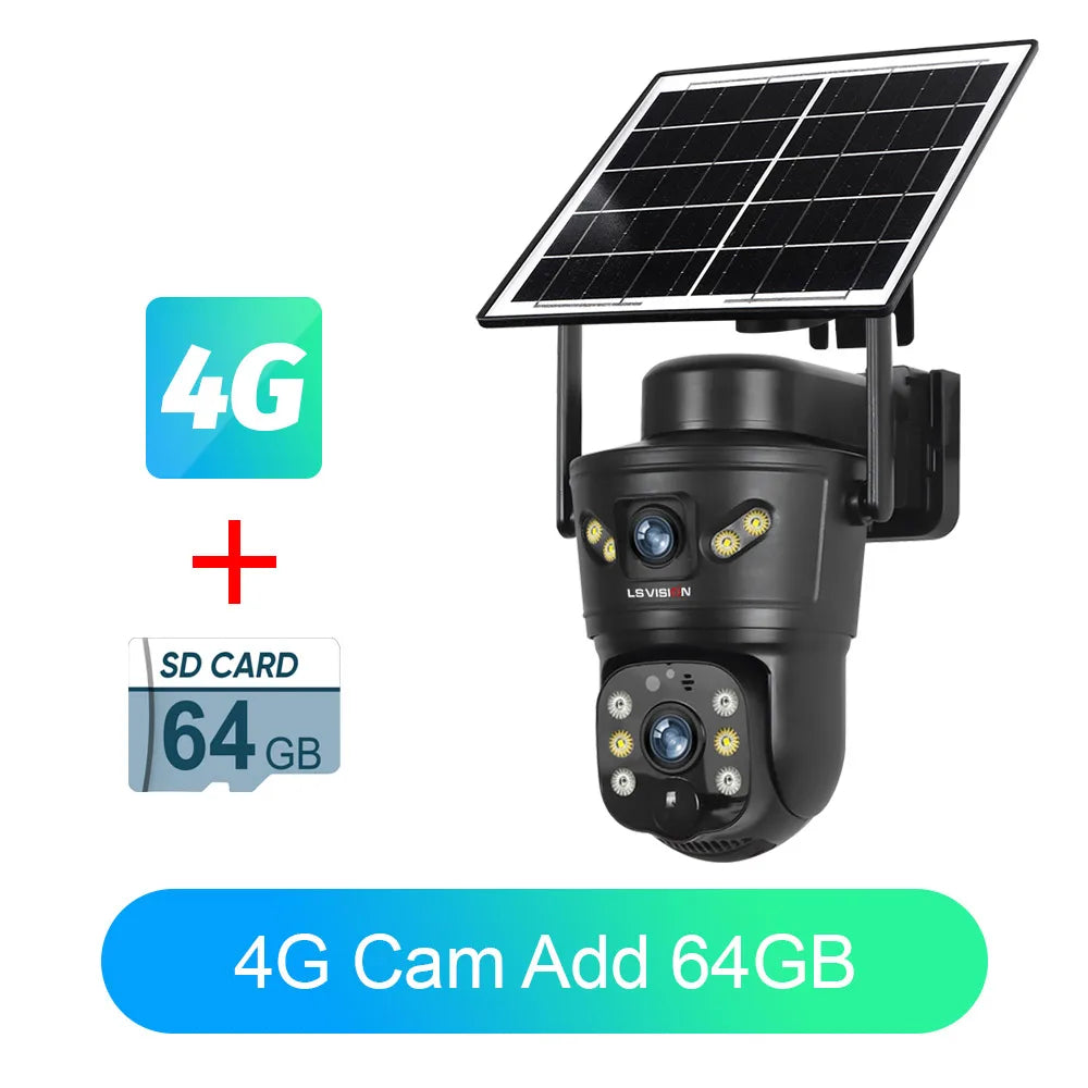 LS VISION 4G /WIFI Outdoor Solar Camera 8MP Dual Lens PIR Sim Card Built in Night Vision Waterproof Security Camera Battery CCTV
