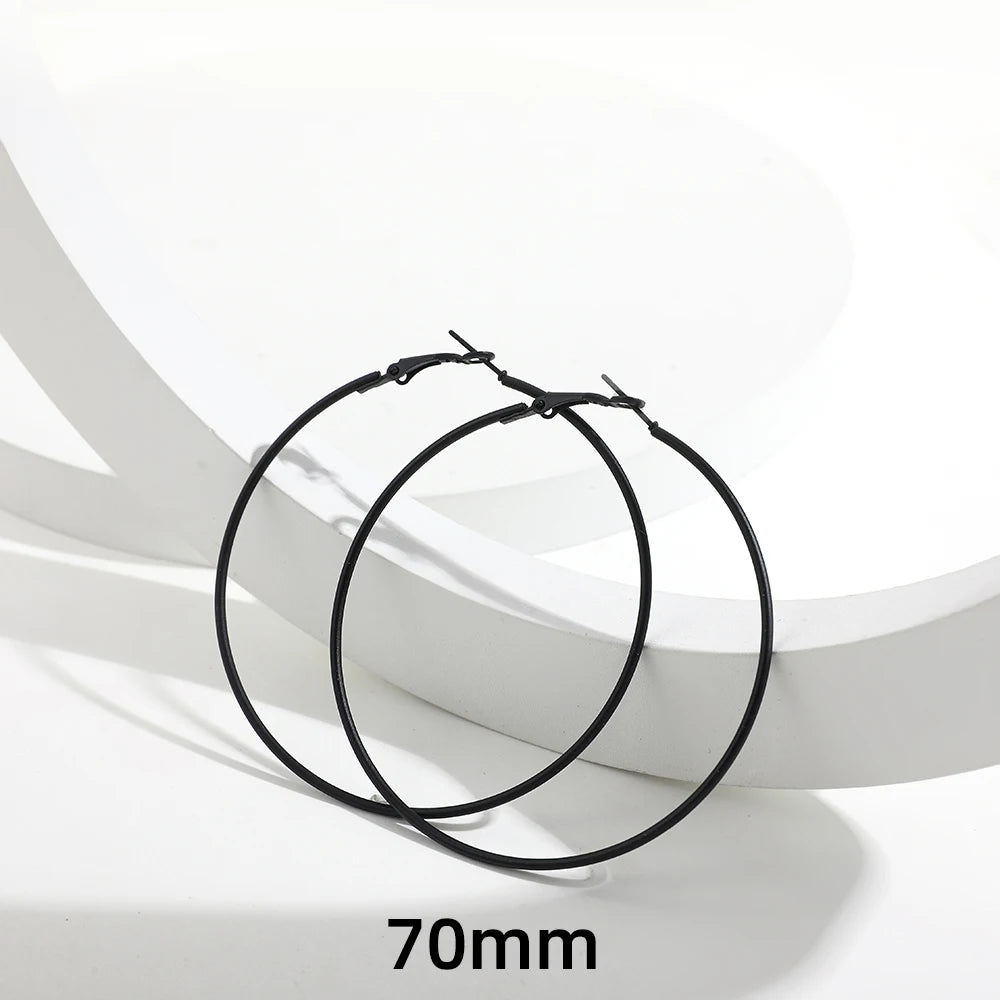 5 Sizes Stainless Steel Black Round Circle Hoop Earrings for Women Punk Exaggerated Smooth Statement Earring Gothic Jewelry Gift