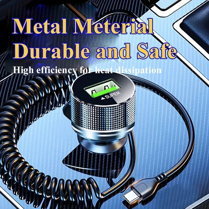 Metal USB C Car Charger with Spring Cable Super Fast Charging Adapter 12V for iPhone 15 14 13 Samsung OPPO VIVO Huawei Oneplus