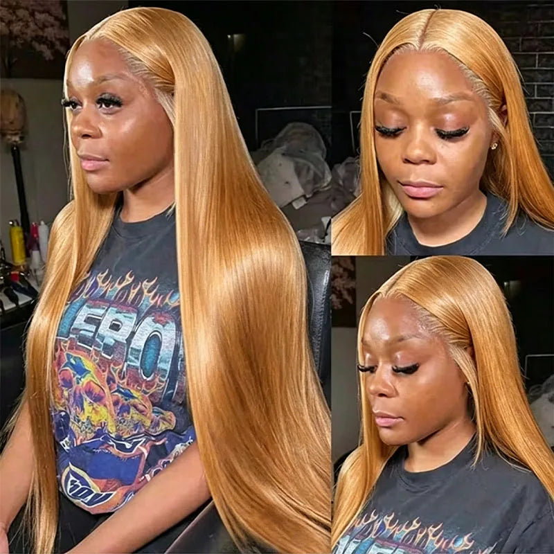 200 Density 27 Honey Blonde HD Lace Frontal Human Hair Wig 13x4 HD Transparent 30 Inch Straight Hair Lace Front Wig Pre-Plucked Pre-Trimmed Lace Frontal Wig
