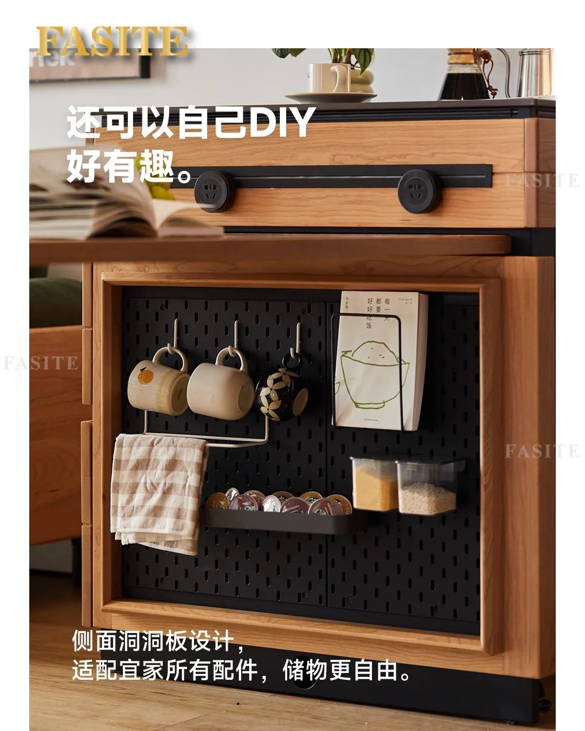 Solid wood island table retractable small apartment open integrated bar cabinet rock locker