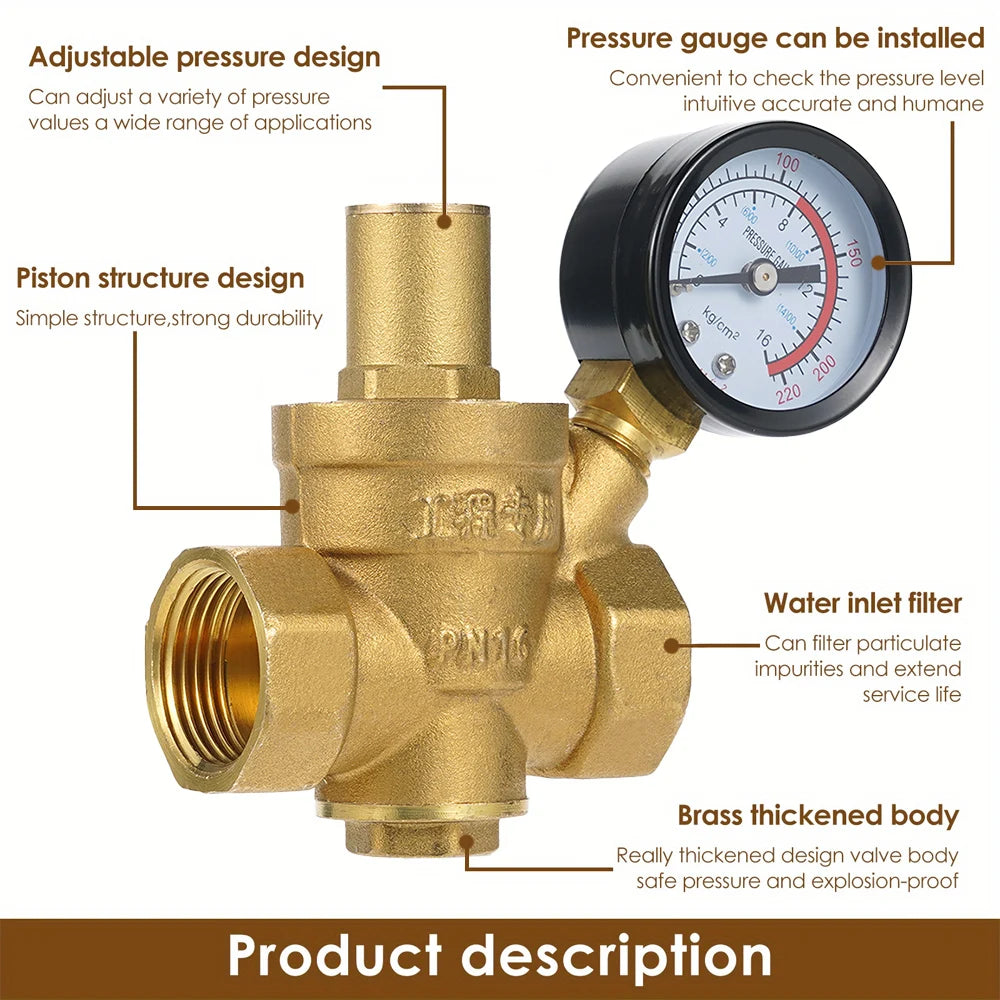 Water Pressure Regulator Brass Pressure Regulator DN20/15 Brass Adjustable Water Pressure Regulator Reducer with Gauge Meter