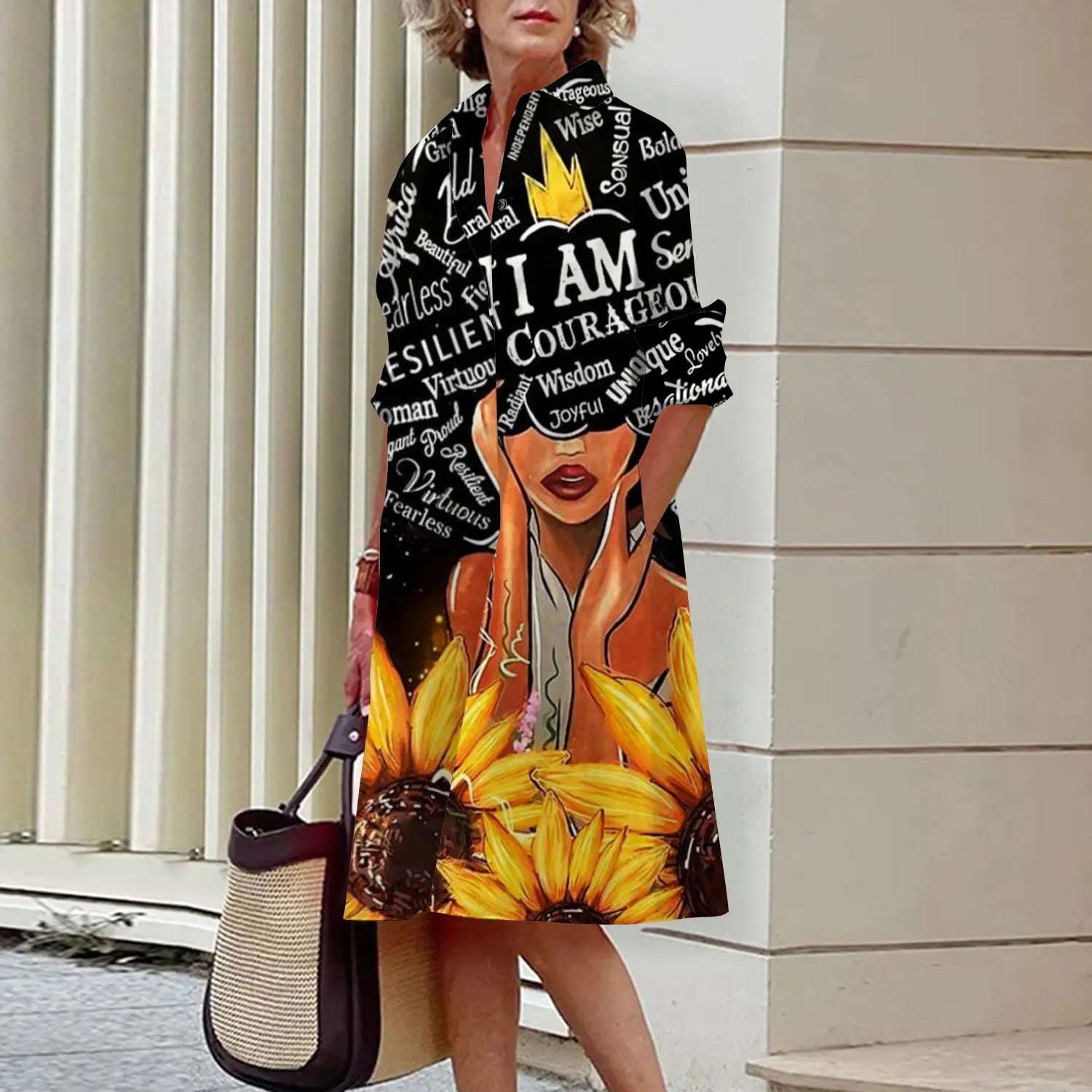MCDV New Simple Women's Shirt Casual Queen Printed Long Sleeve Fashion Elegant Lapel Pocket Street Women's Dresses Noble Black