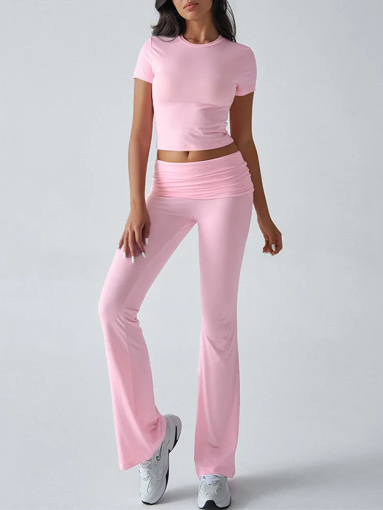 Women's Sexy Tops Suits 2026 Summer Latest Casual Solid Color Yoga Suit Slim Fit Sports Short Sleeved Pants Two-Piece Set Outfit