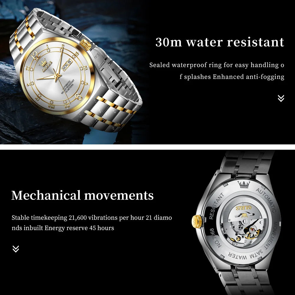 OLEVS 7068 Mens Watch Original Automatic Menchanical Wristwatch Waterproof Luminous For Men Sport Date Dual Calendar Design