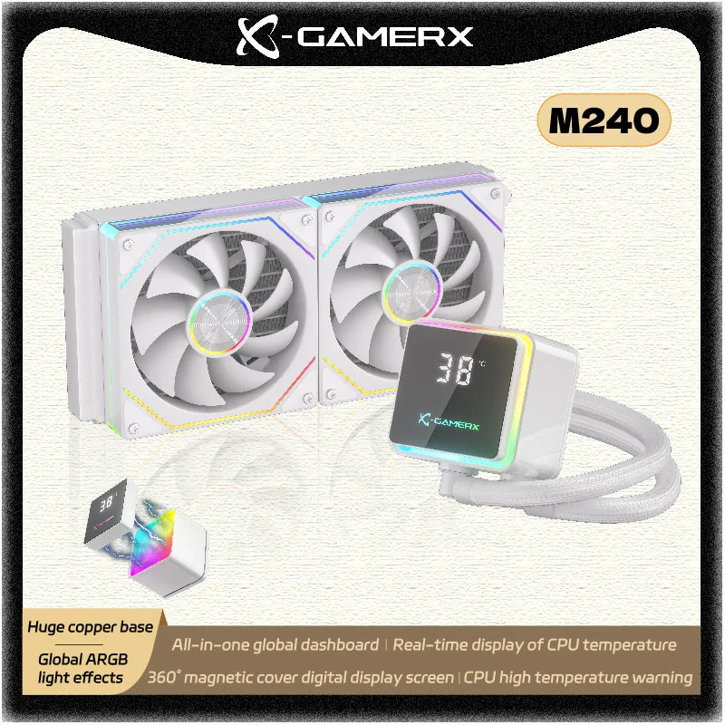 PowerTrain X-GAMERX M240 Water Cooler 240mm Global ARGB Light Effects 12V 360° Magnetic Cover Digital Display Screen 26.9dB