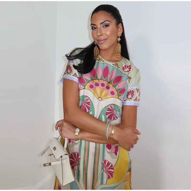 Printed Women's Dress Half Sleeve Round Neck Long Dress Tassel Hem Dress Daily Fashion Outfit Suitable for Date Party 2026