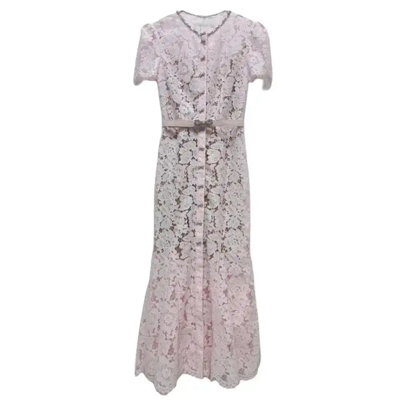 Summer Luxury Formal Evening Lace Dresses Women Single Breasted Bead Bow Short Sleeve Elegant Mermaid Party Birthday Long Dress