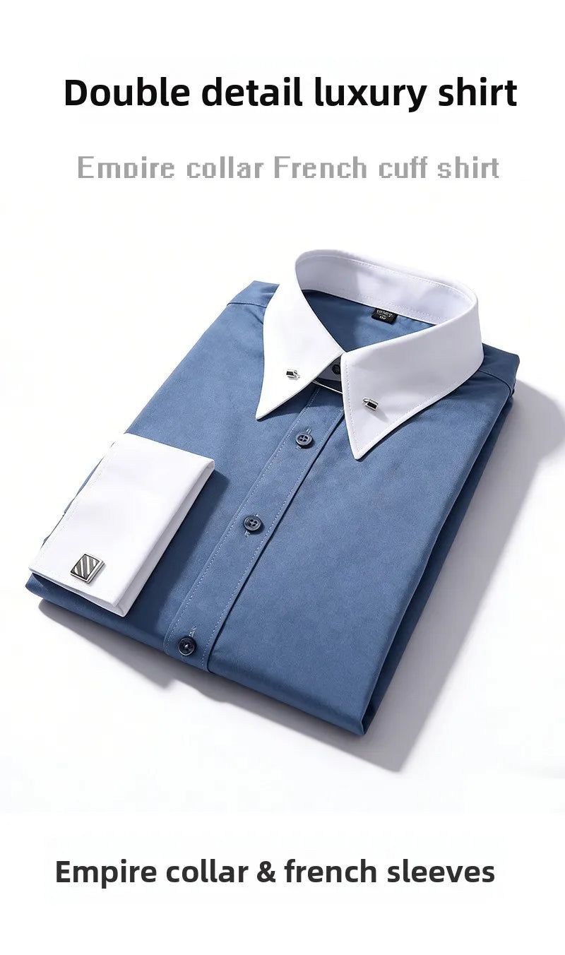 Embroidered French Cufflinks Men's Long-Sleeve Shirt with Collar Pins No tie Big Collar Dress Shirt for Business Formal Gentlema