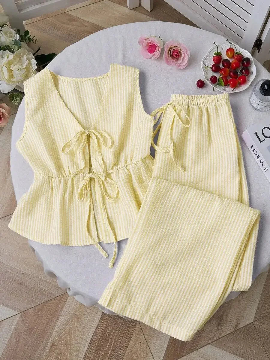 FOTVOTEE 2 Piece Sets Womens Outfits Striped V Neck Lace Up Sleeveless Blouse High Waist Wide Leg Pants Suits Casual Tracksuits