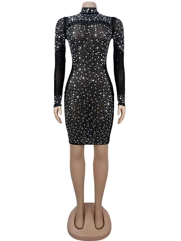 Beyprern Elegant Crystal See Through Mesh Party Dresses Women Glamour Long Sleeve Rhinestone Night Out Vestido Christmas Outfits
