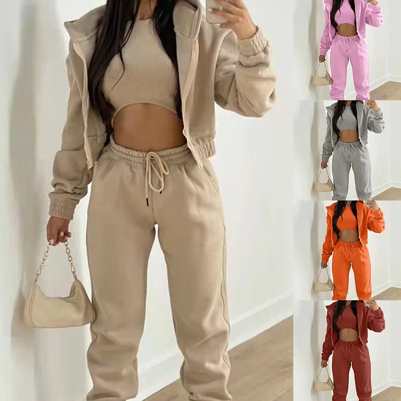 Women's Matching Hoodie 2-Piece Set Spring Long Sleeve Solid Color Drawstring Hip Hop Sport Tracksuit with Long Pants Gathering