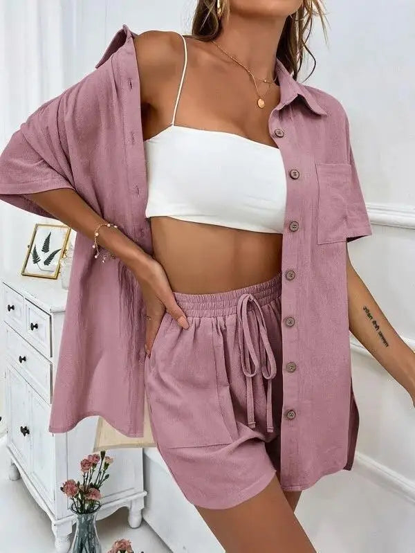 Solid Color Single Breasted Top Casual Loose Short Pants Sets Women Summer Women's 2 Pieces Suit Full Set Female Outfit Clothes