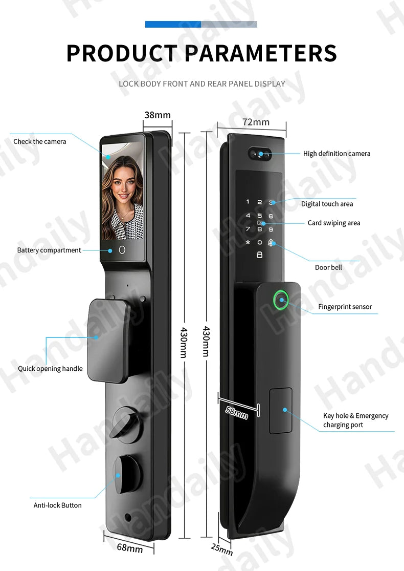 HanDaily Waterproof Smart Door Locks with Camera Video Intercom Palm Face Recognition Smart Lock Tuya Wifi App Remote Control