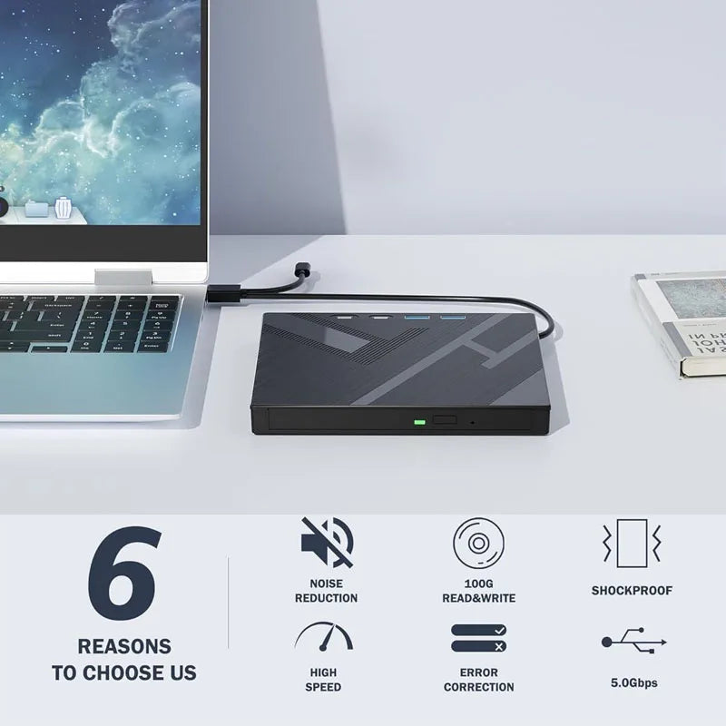 7 in 1 External Blu Ray Drive Support 100G Disc, Portable BD DVD CD -/+RW Player Burner Bluray CD Reader with SD/TF Card Slot