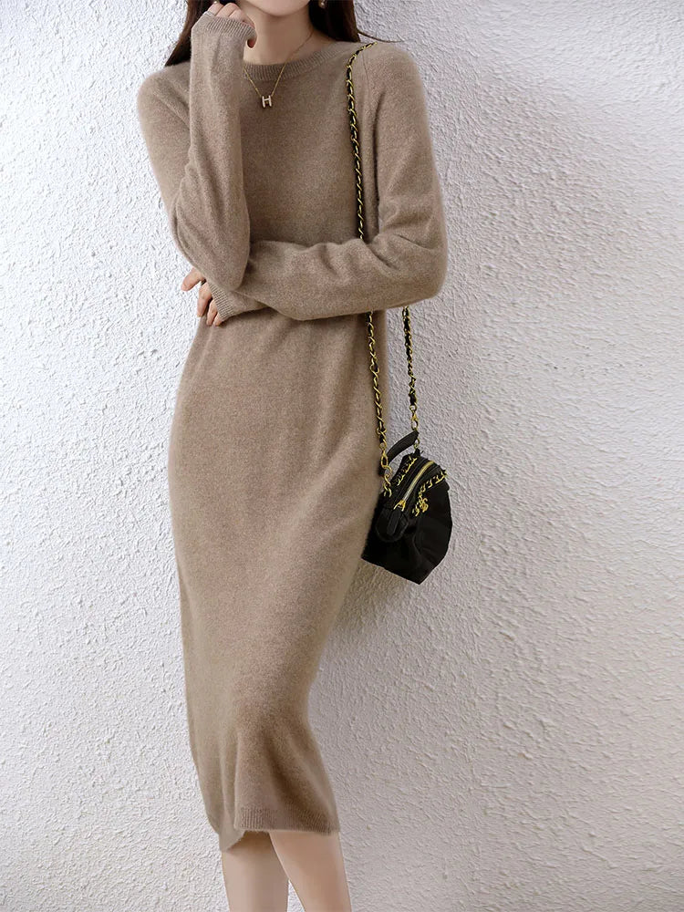 Cashmere Sweater Knitted Dresses 100% Merino Wool Women's Winter Female Elegant Pullovers Dress Autumn Casual Long Sleeve Skirts