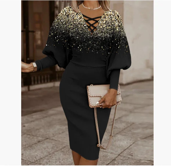 Elegant Women's Maze Printed Long Sleeved Slim Fit Dress 2024 Fashionable Woman Hollowed Out V-neck Cinched Party Club Vestiods