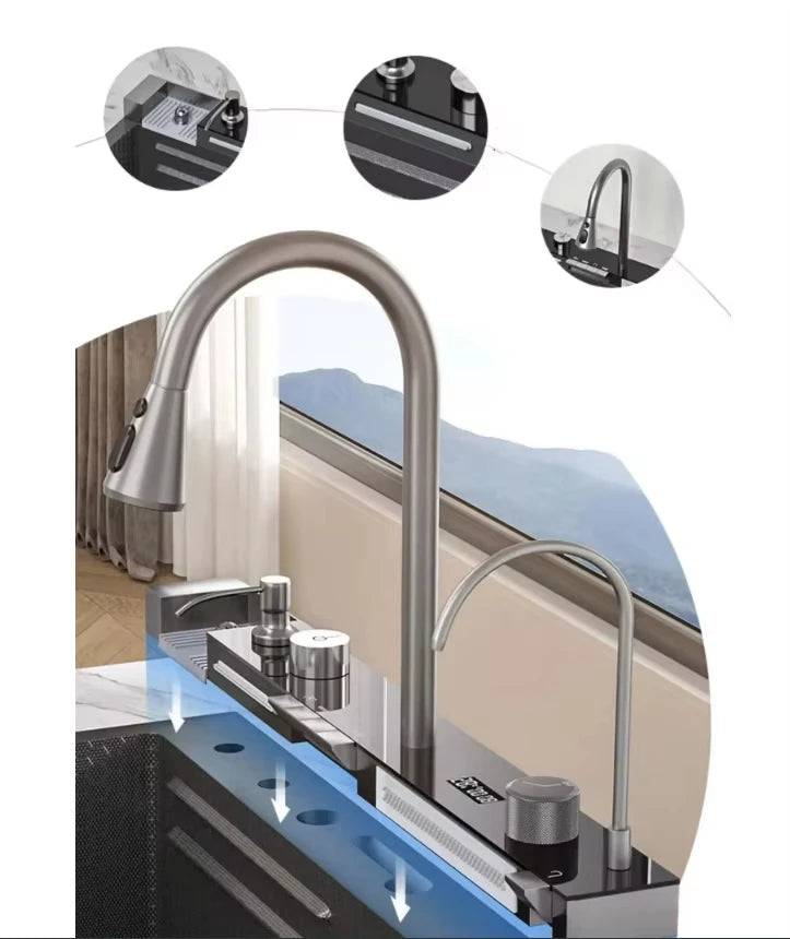 Stainless Steel Large Single Slot Bionic Honeycomb Black Wash Top Mount / Apron Front Smart Kitchen Sink with Waterfall Faucet