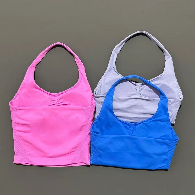 HISTELLO Sports Halter Top Seamless Women Sexy Yoga Clothing Backless Gym Tank Tops Push Up Workout Vest Running Fitness Bra Top