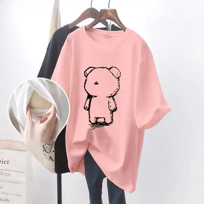 Fashionable Breastfeeding Top Short Sleeve Crew Neck T-shirt Versatile Summer Outdoor Wear For Mothers Simple Top For Feeding