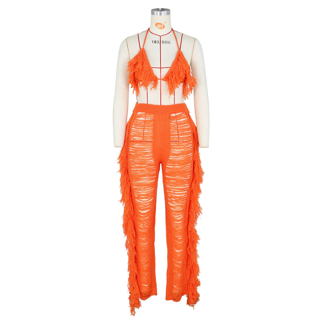 Sexy Women 2025 Knitted Set Two Piece Set Halter Backless Bra Crop Top Pants Crocheted 2 Pieces Set Hollow Out Crochet Beach Set