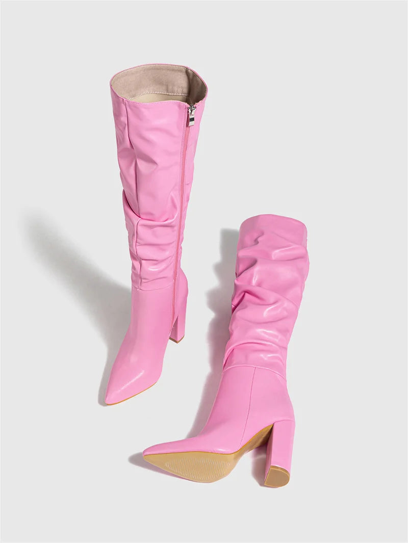 Liyke Winter Street Fashion Pleated Leather Pink Knee High Boots Women Sexy Long Zip Pointed Toe Square Heels Stripper Shoes