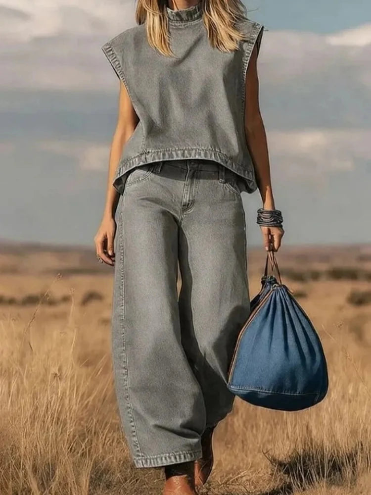 Fashion Denim Two Piece Set for Women Casual Solid Color Loose Simple Sleeveless Top Wide-leg Trousers Holiday Matching Set