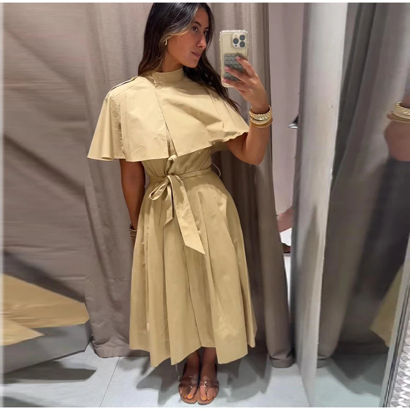Women's Trench Style Midi Dress Stand Collar Cape Overlay Short Sleeve Belted Waist A‑Line Dresses Autumn Elegant Office Outfits