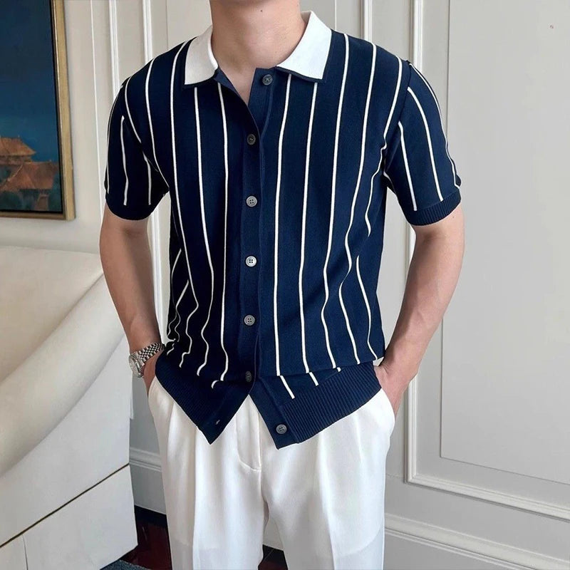 New Men Fashion Knitted Cardigan Tops Casual Patchwork Polo Shirt Leisure Striped Short Sleeve Shirts All-match Breathable Tees