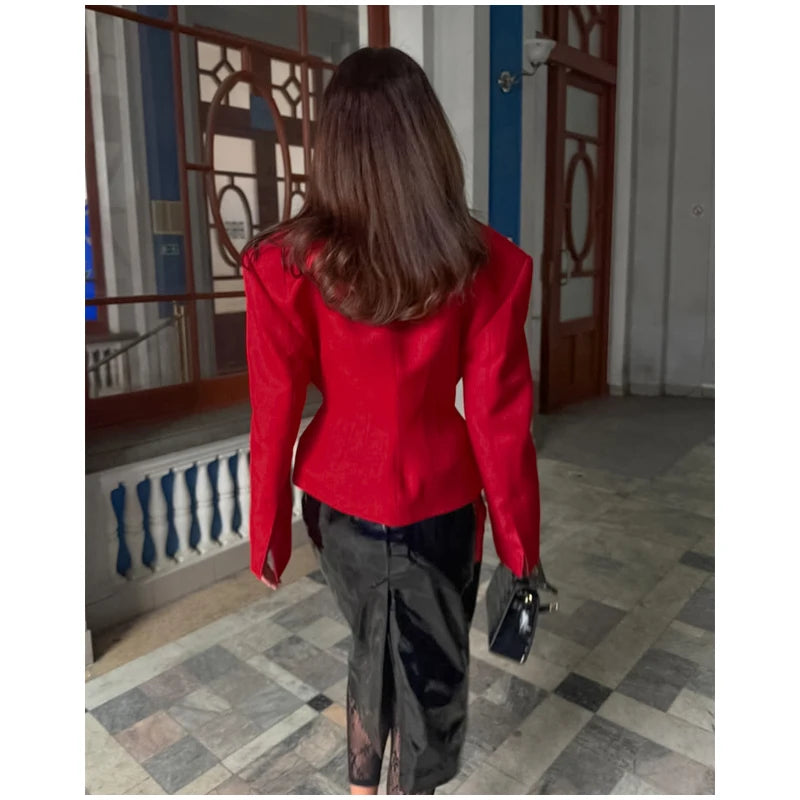 Dark Burgundy Waist-Cinching Shoulder Pad Blazer 2026 Women's Stand Collar Button Design Height-Enhancing Slimming Commute Coat