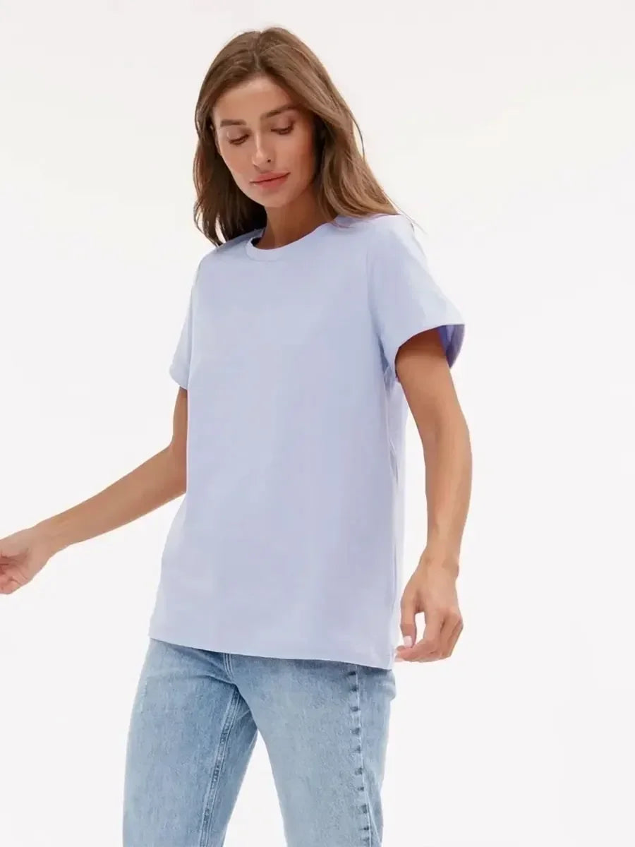 Summer 100% Cotton Women's T-shirt Bottoming Basic Fashionable Lady Short Sleeve Loose Tops Shirts Solid 200g/㎡ Tops