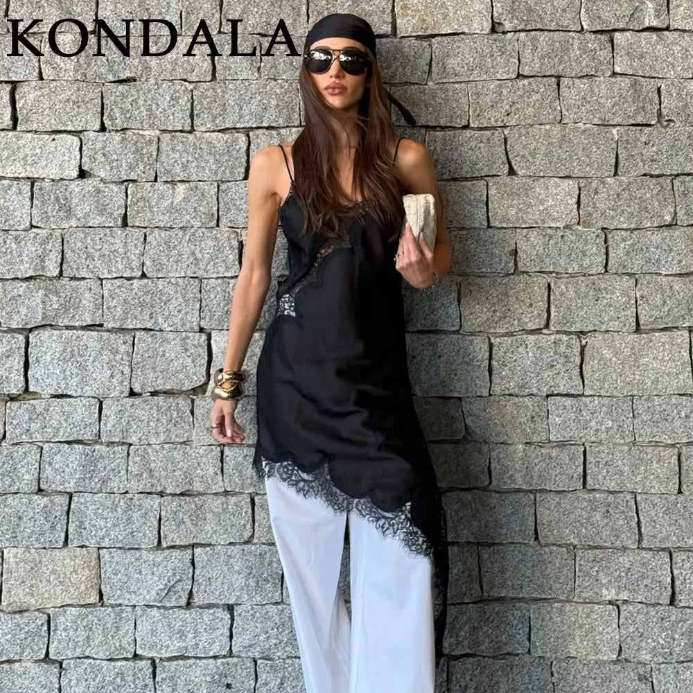 KONDALA 2026 Spring Summer Lace Patch Work Women Dresses Fashion Brown Wedding Guest Dress For Women Elegant Chic Ladies Dresses