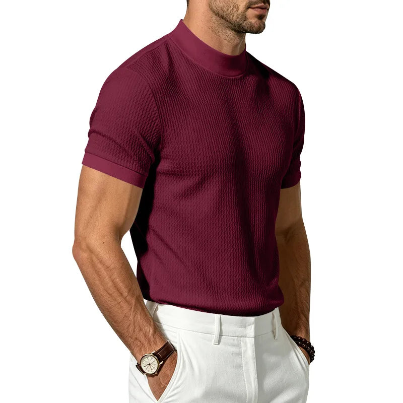 Men Summer Solid Jacquard Textured Mock Neck Short Sleeve T Shirt Slim Fit Simple Versatile Casual Daily Male Basic Tees