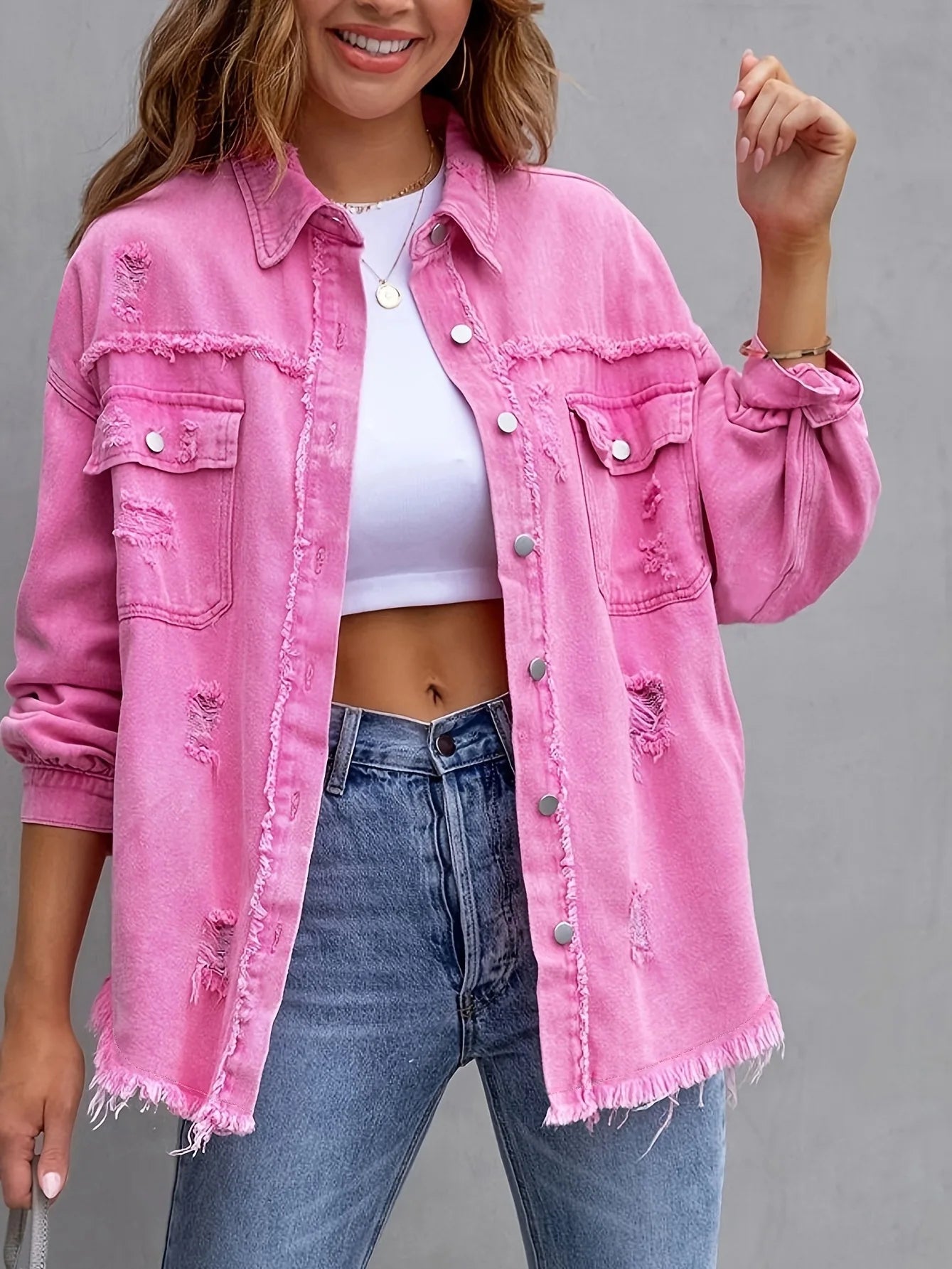 Women's Fashionable Solid Color Mid-Length Ripped Denim Jacket Long-Sleeved Spring Autumn Trend