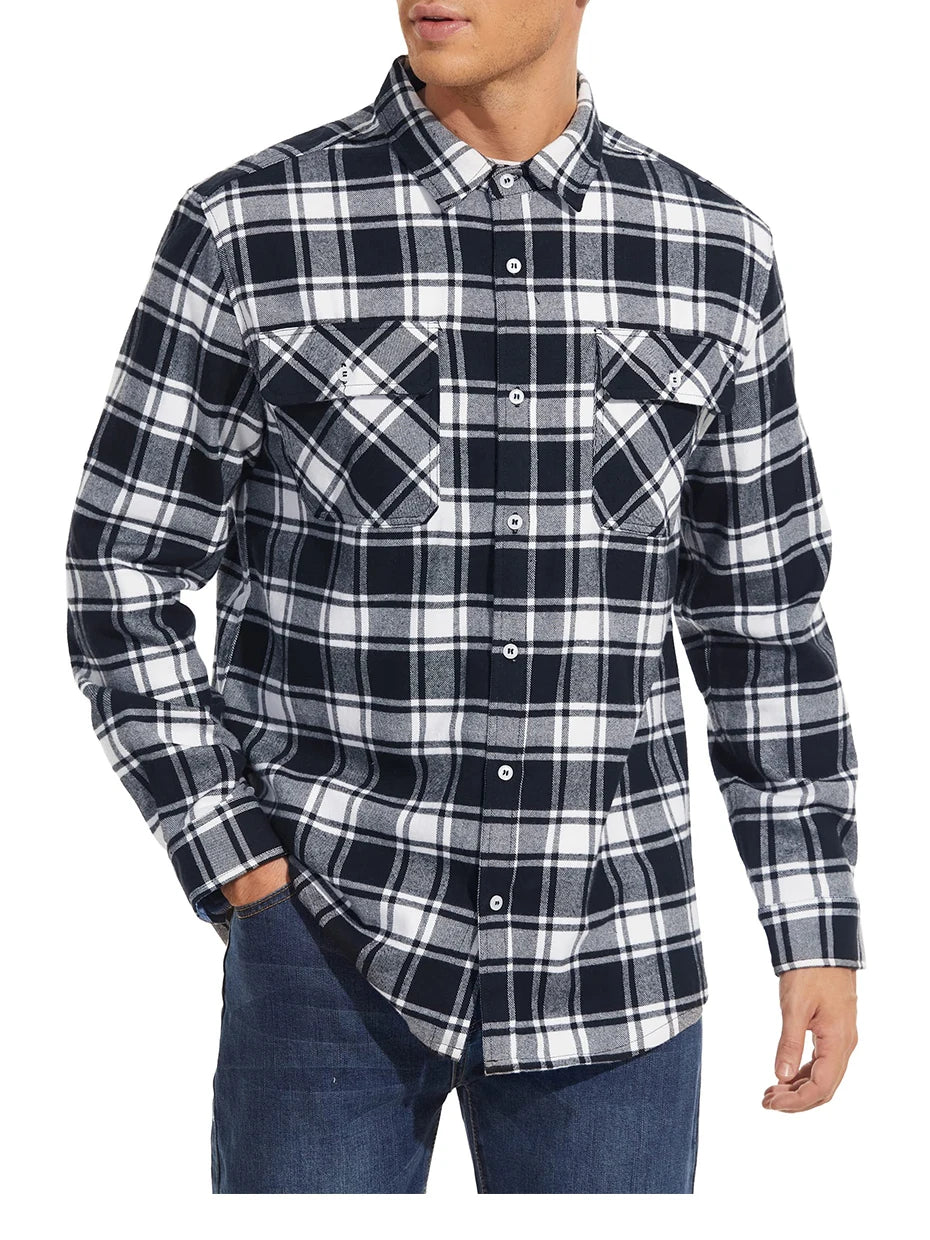 MAGCOMSEN Autumn Windproof Men's Flannel Shirt Warm Long Sleeve Casual Plaid Shirts with Two Chest Pockets