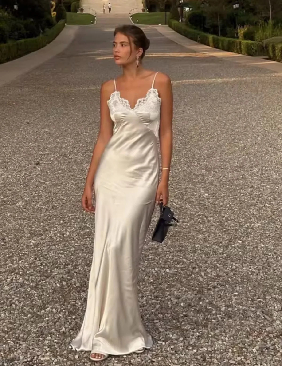 Butter Yellow Satin Bias Cut Lace Patchwork Midi Dress Women's V Neck Backless Suspenders Dresses 2026 New Dinner Party Vestidos