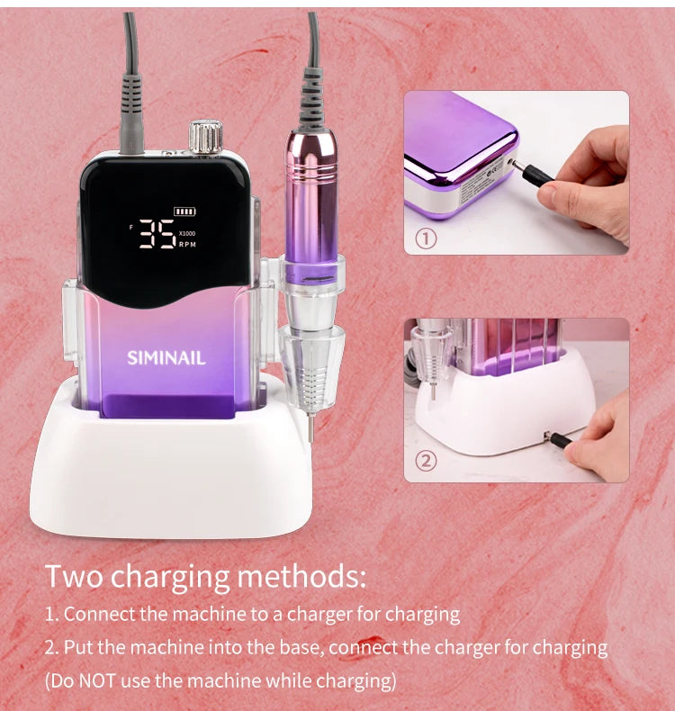 SIMINAIL Professional Nail Drill Machine 35000RPM Portable Electric Nail File Rechargeable Manicure Machine Set Efile Bit Kit