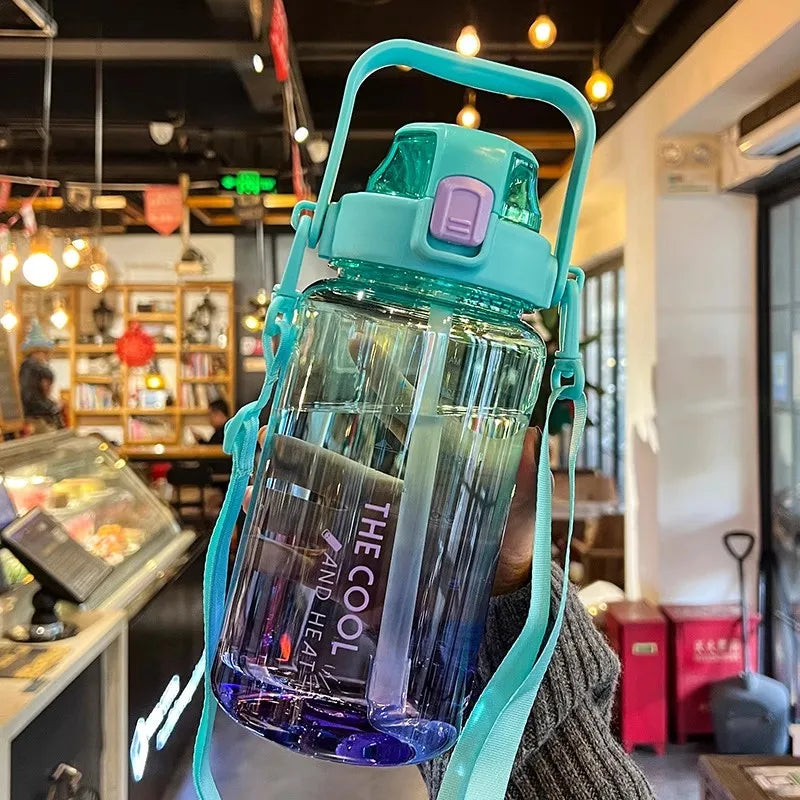 1.5/2 Liter Water Bottle Portable Plastic Sports Bottle With Straw Strap Large Tumbler Gym Travel Juice Drinking Bottle BPA Free