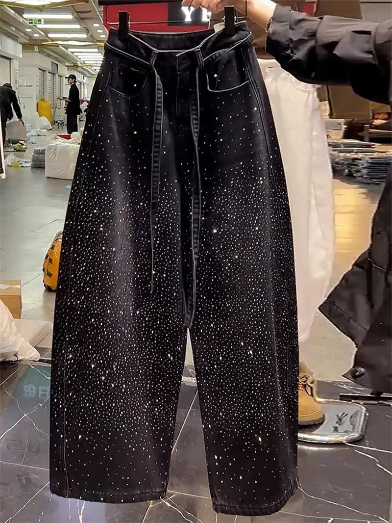 Korean Loose Women Denim Pants 2026 New Autumn Winter Retro Hot Diamond Long Cowboy Trousers Ladies Casual Streetwear Jeans