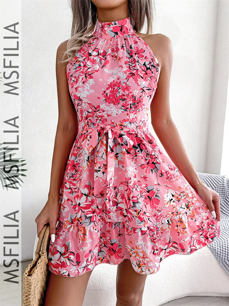 Msfilia Spring Summer Sexy Leopard Print Ruffled Dress Women Sleeveless Lace Up A Line Halter Neck Mini Dress