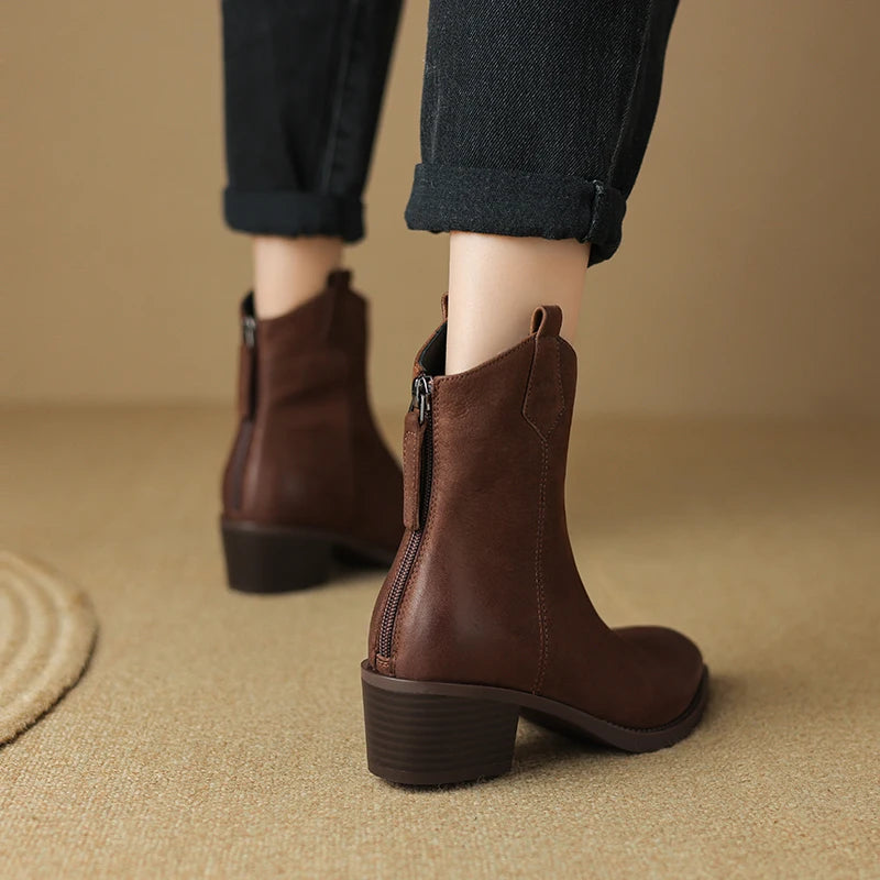 Fashion Short Boots Autumn Winter Basic Women Ankle Boots Genuine Leather Thick Heels Pointed Toe Mature New Arrival Boots Women