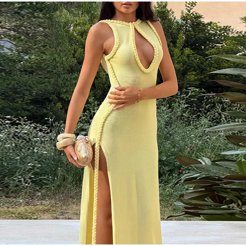 Women Solid Braided Trim Cutout Maxi Dress Sleeveless High Slit Bodycon Fit Gown 2026 Summer Elegant Evening Formal Party Outfit