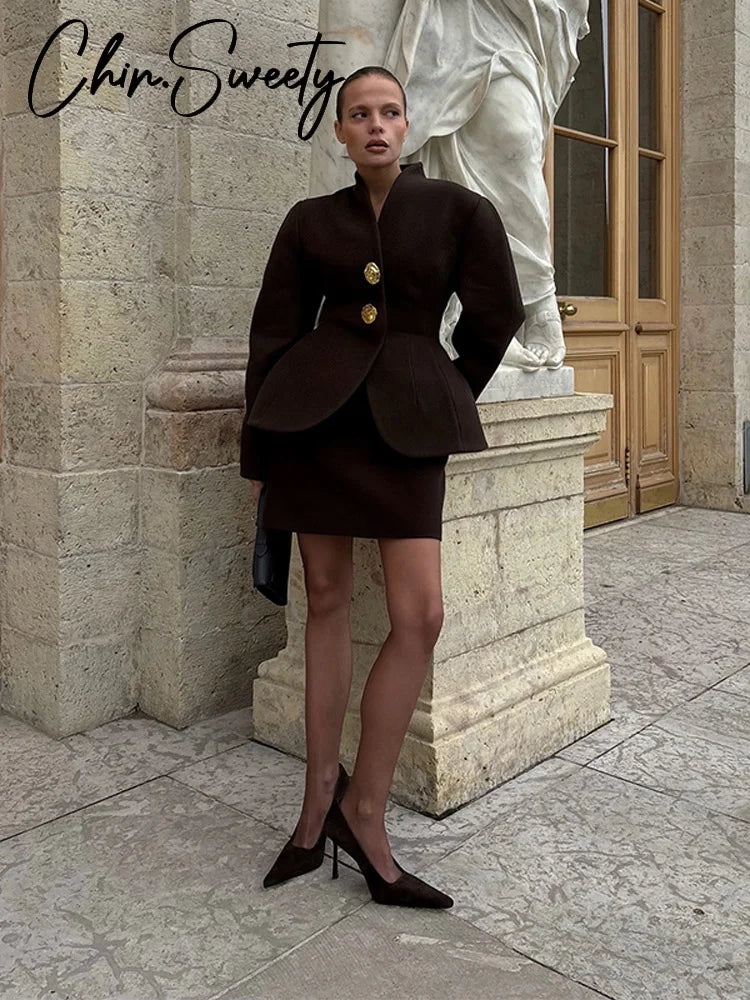 Urban Woolen Coat Skirt Women Set V-neck Long Sleeve Button Jacket Hip Package Skirts 2026 Spring Autumn Elegant Lady Outfit New