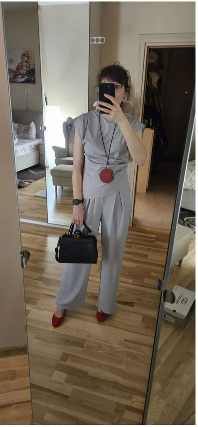 2 pieces women sets 2026 Summer New Fashion Solid Color Irregular top+long wide leg pant sets women's clothing